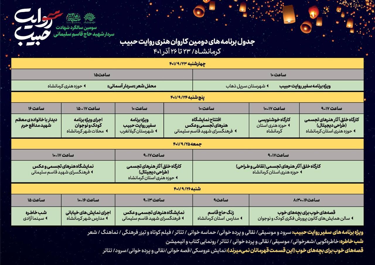 برگزاری ویژهبرنامههای رویداد «روایت حبیب» در کرمانشاه برگزاری ویژهبرنامههای رویداد «روایت حبیب» در کرمانشاه